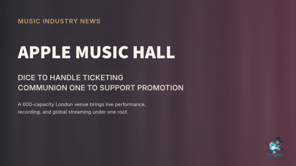 Apple Music Hall editorial graphic announcing DICE as ticketing partner and Communion ONE supporting promotion at the 600-capacity London venue.