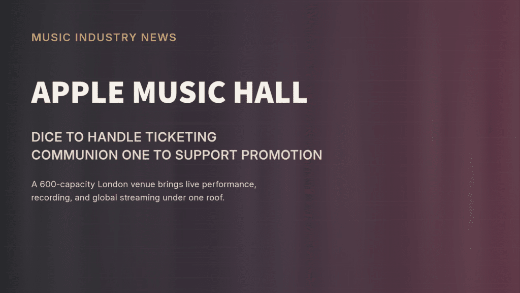 Apple Music Hall editorial graphic announcing DICE as ticketing partner and Communion ONE supporting promotion at the 600-capacity London venue.