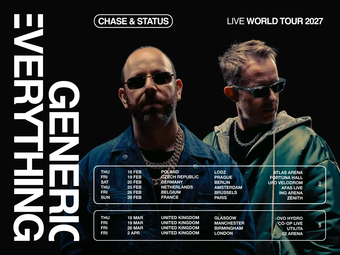 Chase & Status Live World Tour 2027 poster featuring the duo, with European and UK arena dates from February through April 2027, including Łódź, Prague, Berlin, Amsterdam, Brussels, Paris, Glasgow, Manchester, Birmingham and London.