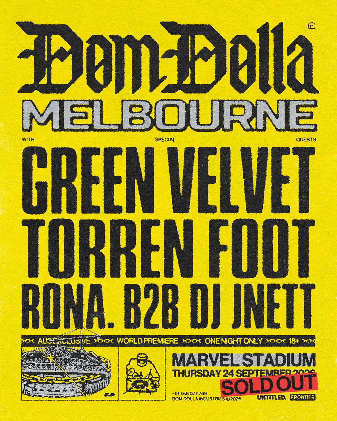 Dom Dolla Melbourne Marvel Stadium sold-out show poster featuring Green Velvet, Torren Foot, RONA b2b DJ JNETT, and Marvel Stadium on September 24, 2026.