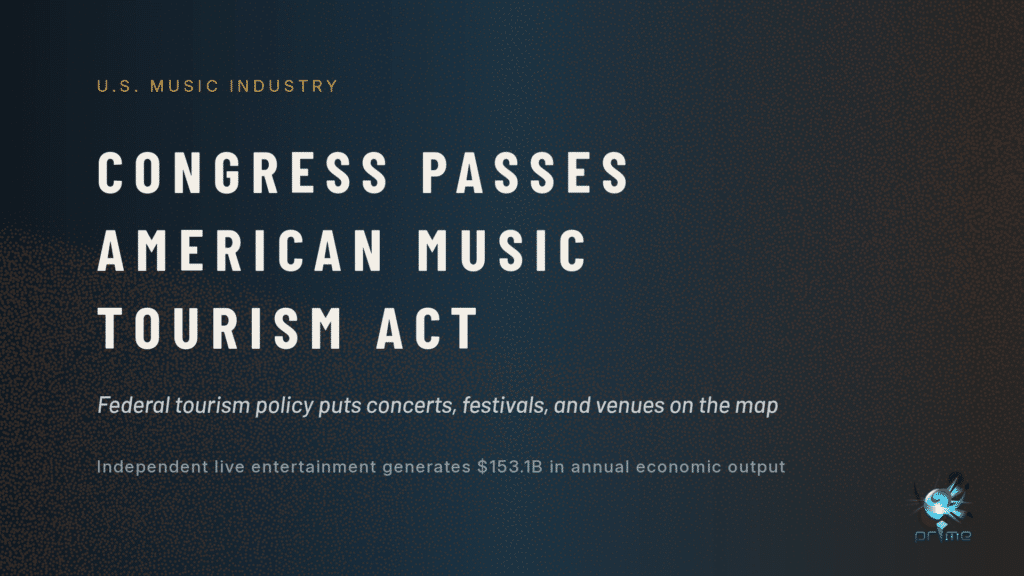 Editorial graphic reading ‘Congress Passes American Music Tourism Act,’ with a blue and bronze halftone background and text highlighting concerts, festivals, venues, and $153.1 billion in annual economic output.