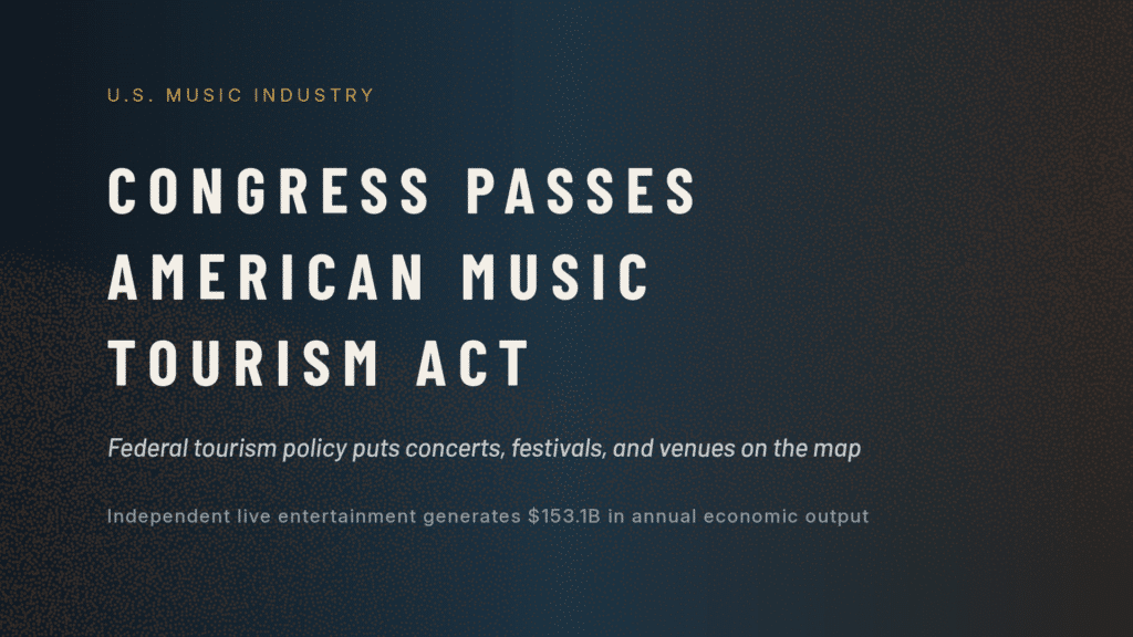 Editorial graphic reading ‘Congress Passes American Music Tourism Act,’ with a blue and bronze halftone background and text highlighting concerts, festivals, venues, and $153.1 billion in annual economic output.