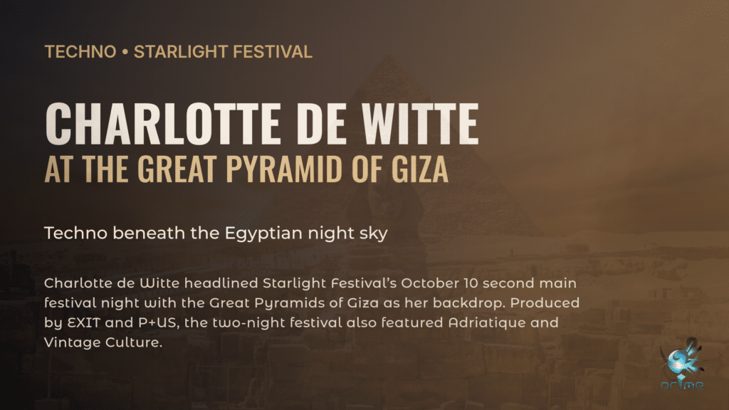 Charlotte de Witte at the Great Pyramid of Giza news banner with ivory and gold text over a muted photograph of a Giza pyramid and the Sphinx.