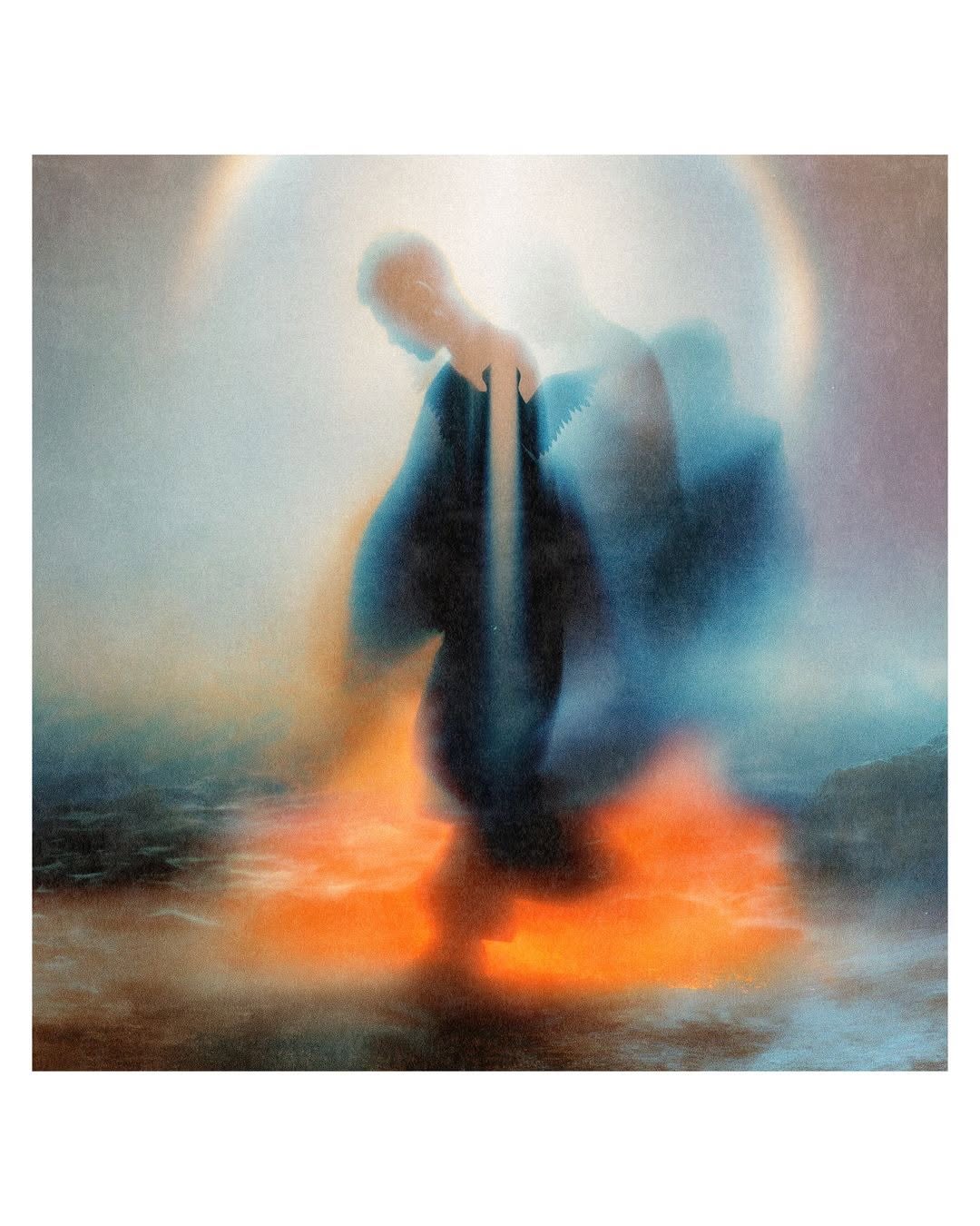 Gorgon City’s AETHER album cover featuring overlapping blurred figures, a pale halo, blue haze, and orange light reflected across water.