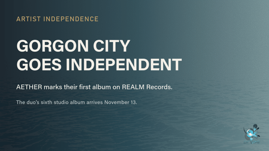 Gorgon City goes independent with AETHER, their first album on REALM Records, arriving November 13, over a textured blue background with waves.
